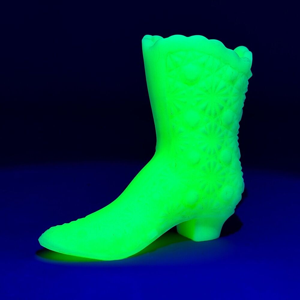Fenton Custard Uranium Glass Daisy Button Victorian Boot Shoe Figurine